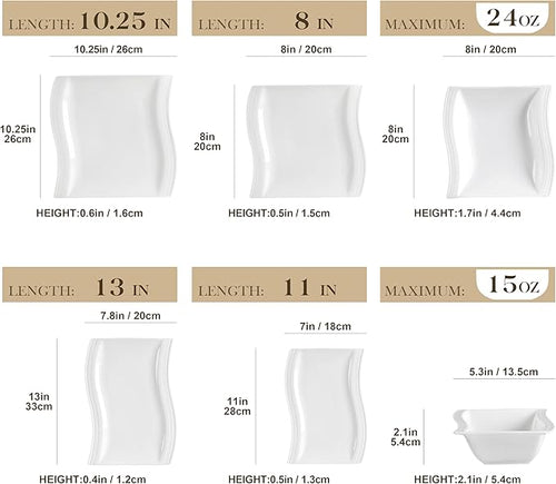 MALACASA Plates and Bowls Sets, 26 Pieces Ivory White Porcelain Dinnerware Sets without Mugs, Square Dinnerware with Dinner Plates, Bowls and Serving Platters, Modern Dish Set for 6, Series Flora