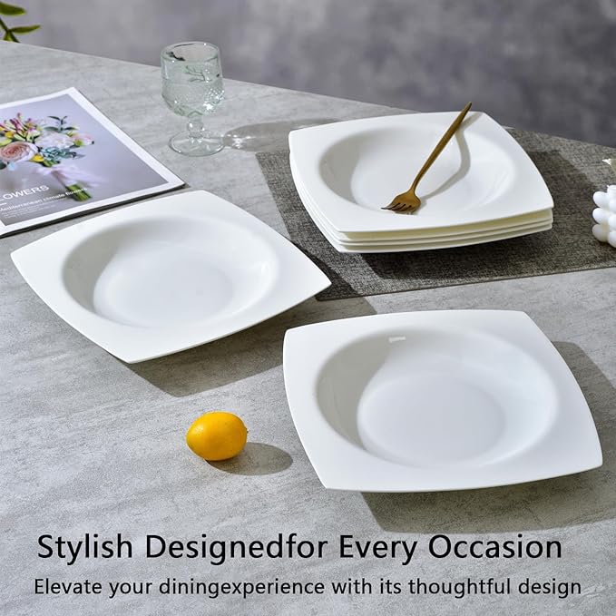 Fine Bone China Square Salad Plates Set of 6-9.25 Inch White Ceramic Stackable Dinner Plates, Oven & Dishwasher Safe for Formal/Casual Dining