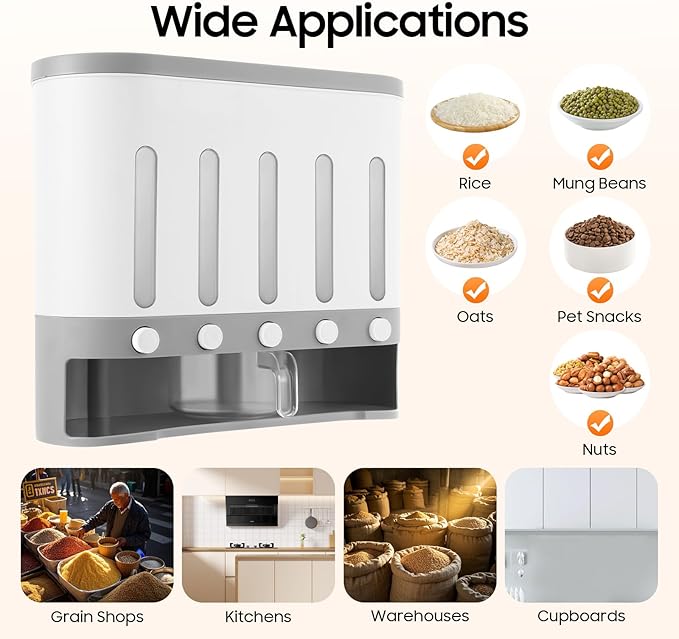 23 Pounds Dry Food Dispenser Wall Mount Dry Food Dispenser, 5 Grid Countertop Rice Coffee Bean Dispenser Wall Cereal Dispenser Storage Containers for Kitchen