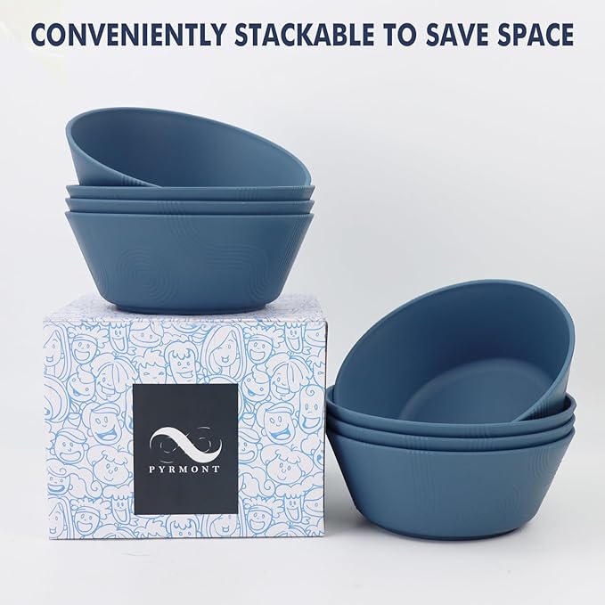 PYRMONT Large Salad Bowl 36 Oz Wheat Straw Bowls Set of 8 Alternative Plastic Bowls Reusable Dishwasher & Microwave Safe Unbreakable Bowls for Kitchen Large Mixing Bowls for Popcorn,Ramen-Blue