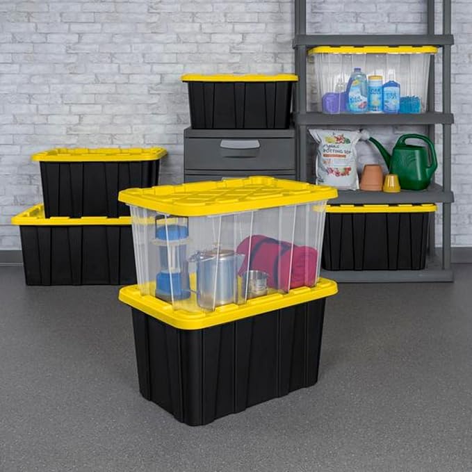 Sterilite 12-Pack Industrial Tote, Plastic Storage Container Bins with Lids, 27 Gallon - Large, Stackable, and Heavy-Duty Organizer Box Containers for Closet, Garage, Shelves, and Office