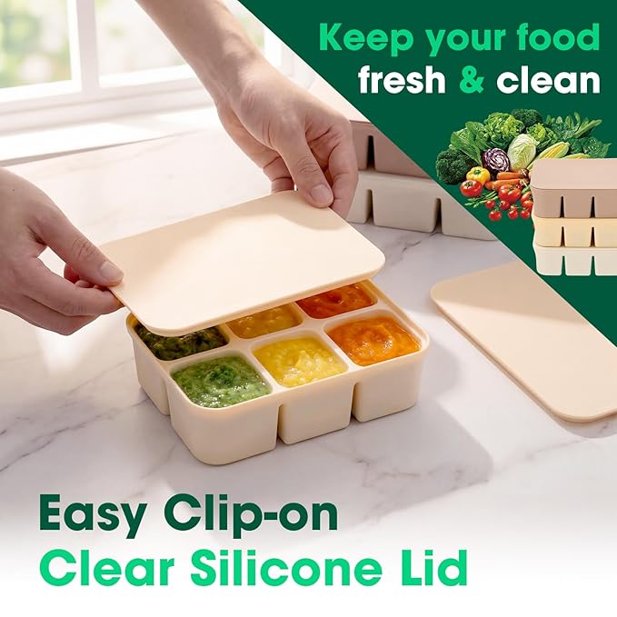 Mimorou 3 Pack Baby Food Freezer Tray with Lids 2.13 oz x 6 Cups/1.15 oz x 12 Cups Silicone Baby Food Storage Container Ice Cube Molds for Homemade Vegetable Fruit Snack(6 Cups,White, Yellow, Brown)