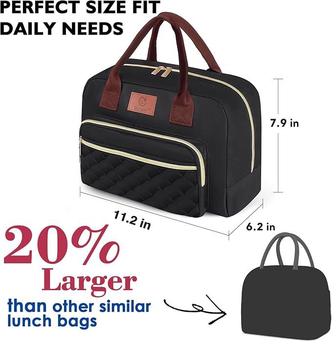 Genteen Lunch Box for Women Men,Insulated Adult LunchBox for Women,Reusable Cute Lunch Bags for Work,High Capacity Cooler Bag Tote for Work Teens Girls Office Travel Picnic School-Black