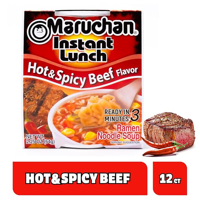 Maruchan Instant Lunch Ramen Noodles, Hot & Spicy Beef Flavor – Japanese-Style Instant Noodle Soup, Easy Meal Ready in 3 Minutes – 2.25 Oz. (12 Pack)