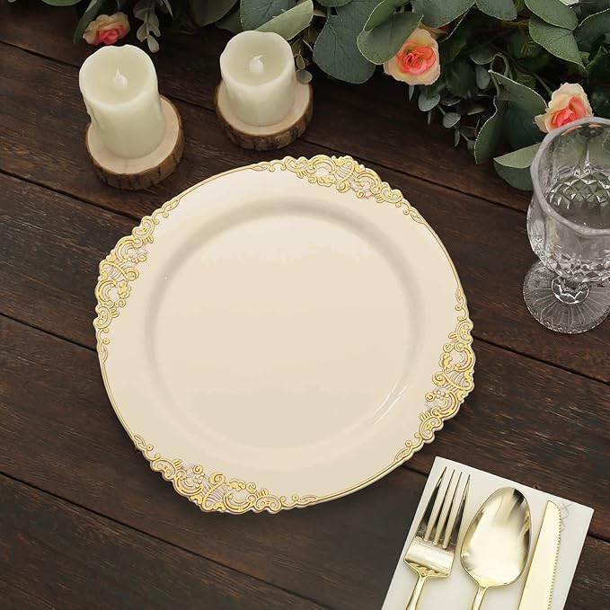 Efavormart 10 Pack | 10" Ivory and Gold Baroque Dinner Plates, Leaf Embossed Metallic Rim Heavy Duty Serving Plates for Traditional Holiday Banquets
