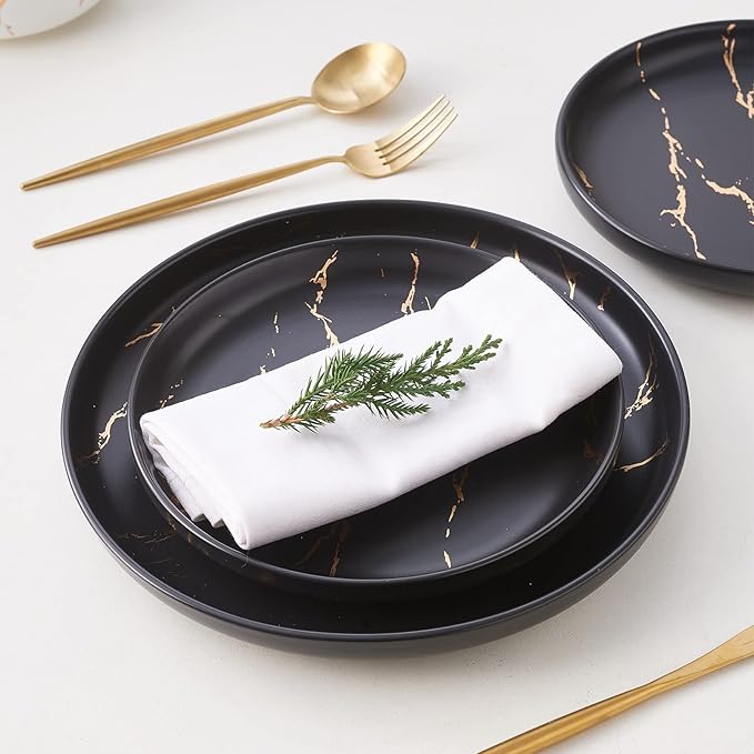 Pokini Black Gold Splash Dinnerware Sets, Marble Porcelain Plates and Bowls Sets, Modern Luxury Dish Set for 4, 12 Pieces Fine China Plates Set for Formal Dinners and Anniversaries