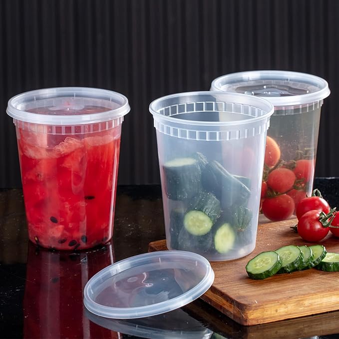 Commercial 32 oz Deli Containers - 48-Pack (96 Pcs) with Lids, Clear Round Airtight Food Storage, BPA-Free, Dishwasher & Microwave Safe, Pint Containers