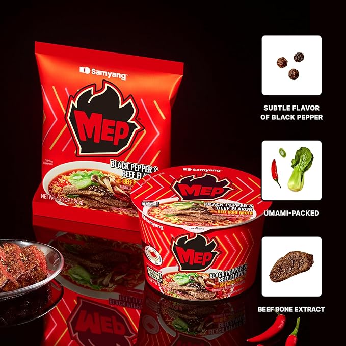 Samyang MEP Black Pepper Beef Ramen, Spicy Korean Instant Bowl Noodle Soup, Rich Bone Broth Ramyeon, Quick Microwave Meal, 3.88 oz (Pack of 6)