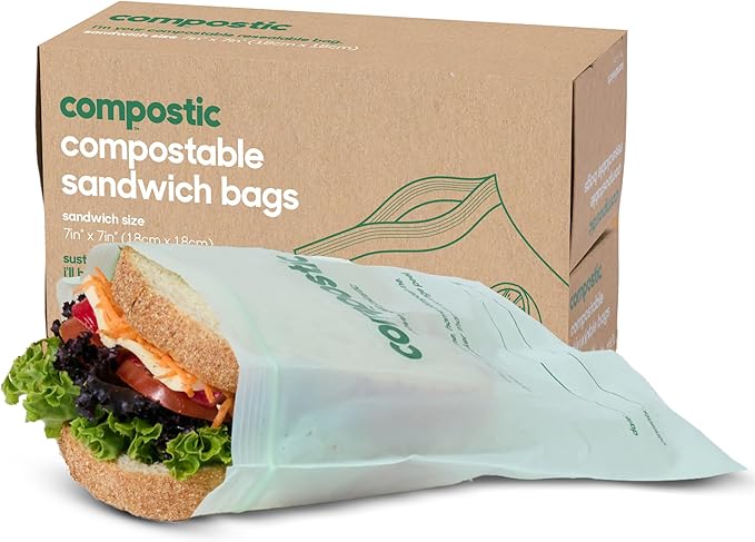 Compostic Compostable Sandwich Bags (90 + 10 Count) Everyday Essential — Resealable Zip-Seal, Plant-Based, Home Compostable, Freezer & Microwave Safe, BPA-Free, Non-Toxic, GMO-Free Food Storage Bags