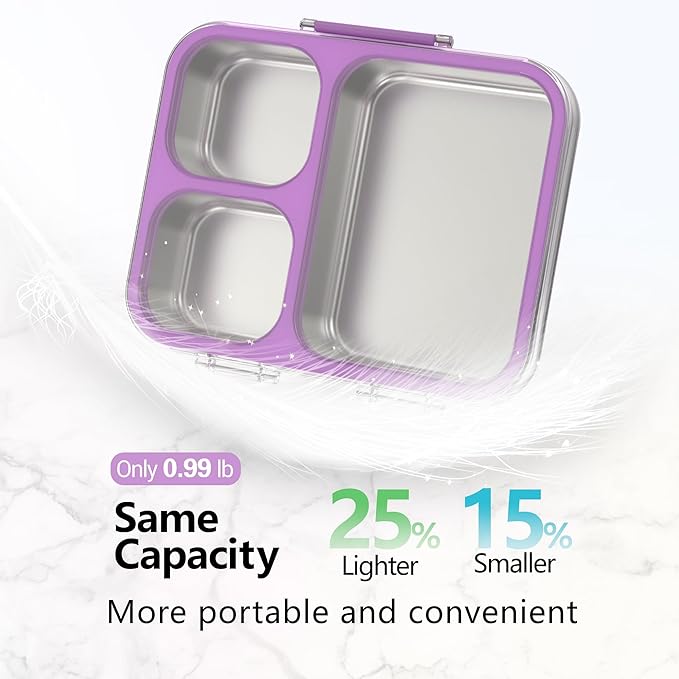 HOMEKOL Stainless Steel Bento Lunch Box, 3-Compartment Leak-Proof Metal Lunch Container for Kids & Adults, BPA-Free, Dishwasher Safe, Clear Tritan Lid, 4.2Cups/1000ml Purple (Not Insulated)
