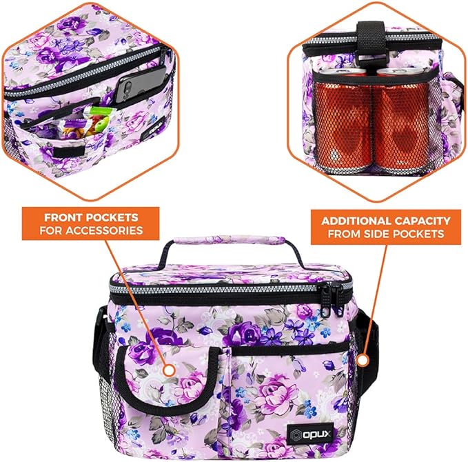 opux Insulated Lunch Box for Men Women Kids, Leakproof Reusable Lunch Bag Cooler for Work School Office, Soft Thermal Lunchbox Tote Shoulder Strap for Boys Girls Adults, Floral Purple, 14 Can/8L