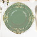 Efavormart 10 Pack | 8" Dusty Sage and Gold Baroque Dessert Plates, Leaf Embossed Metallic Rim Heavy Duty Appetizer Plates for Botanical Parties
