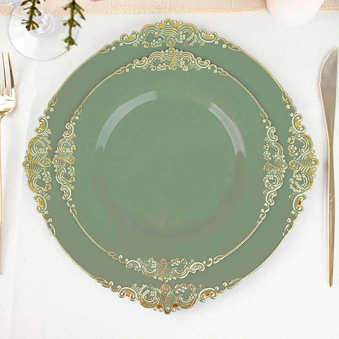Efavormart 10 Pack | 8" Dusty Sage and Gold Baroque Dessert Plates, Leaf Embossed Metallic Rim Heavy Duty Appetizer Plates for Botanical Parties