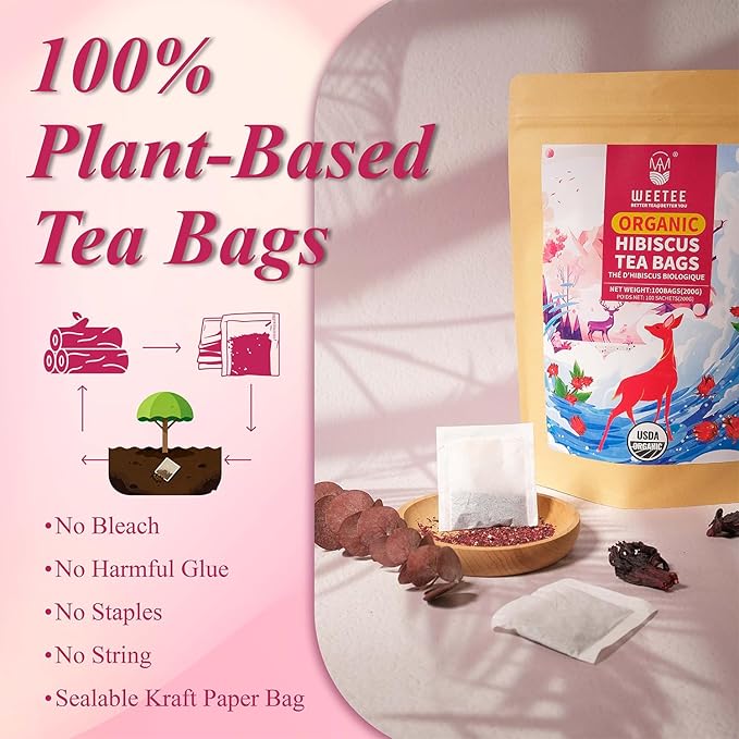 WT WEETEE Organic Hibiscus Tea Bags 100 Count, Caffeine-Free Herbal Tea for Hot & Cold Brew, 100% Pure Hibiscus Flowers, Balanced Tartness, Refreshing Iced Tea