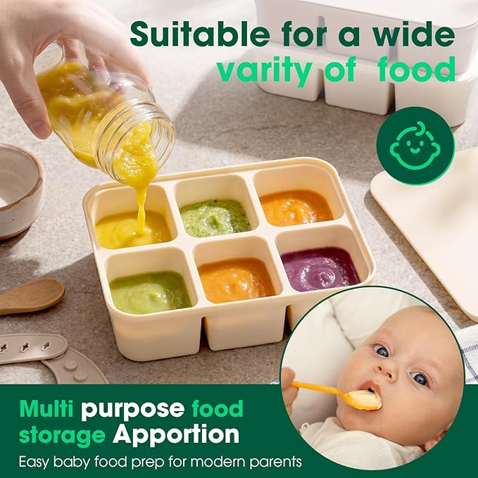 Mimorou 3 Pack Baby Food Freezer Tray with Lids 2.13 oz x 6 Cups/1.15 oz x 12 Cups Silicone Baby Food Storage Container Ice Cube Molds for Homemade Vegetable Fruit Snack(6 Cups,White, Yellow, Brown)