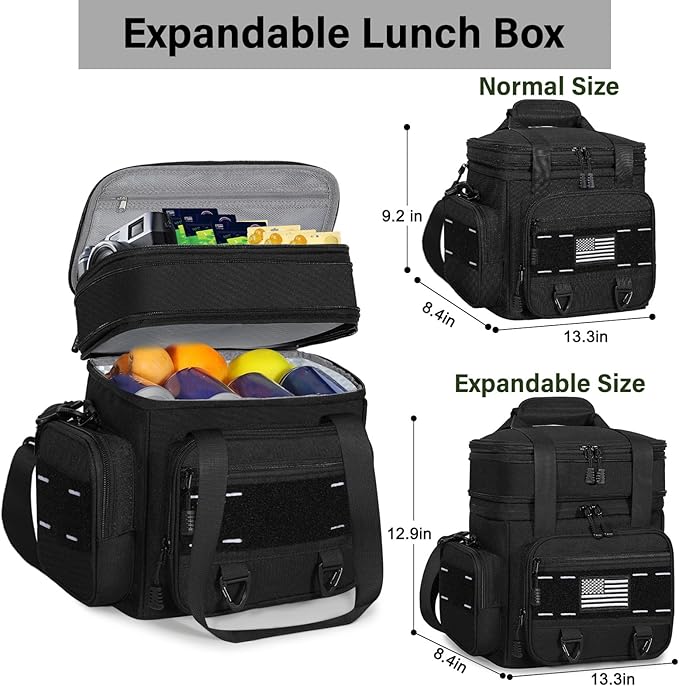 TENKIST Expandable Tactical Lunch Box, XLarge Insulated Lunch Cooler Bag Heavy Duty Leakproof Lunch Pail for Men Adults Work Office Outdoor Picnic Trips,25L,Black