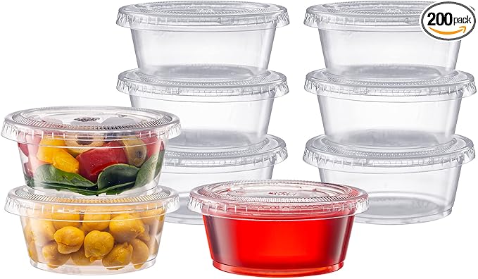 Pantry Value 3.25 oz Jello Shot Cups with Lids [200 Count] Clear Disposable Plastic Portion Containers, Condiment Cups for Sauces, Dressings & Samples - Durable, Stackable, Leak-Resistant