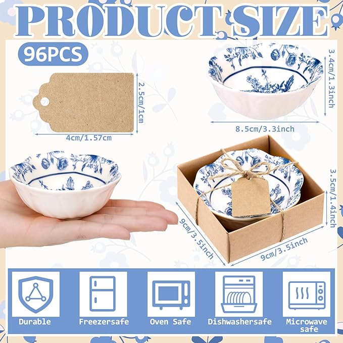 SiliFine 96 Pcs Wedding Favors for Guests Small Ceramic Bowl Bulk Gifts Set 3.3 Inch Floral Design Mini Dipping Sauce Dish with Card Box for Bridal Pooja Baby Shower Birthday (Flower,Blue)