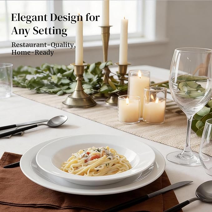 DOWAN Soup and Pasta Bowls Set of 4, White Porcelain Wide Rim Salad Plates, 8 Ounces Pasta Plate, Microwave & Dishwasher Safe