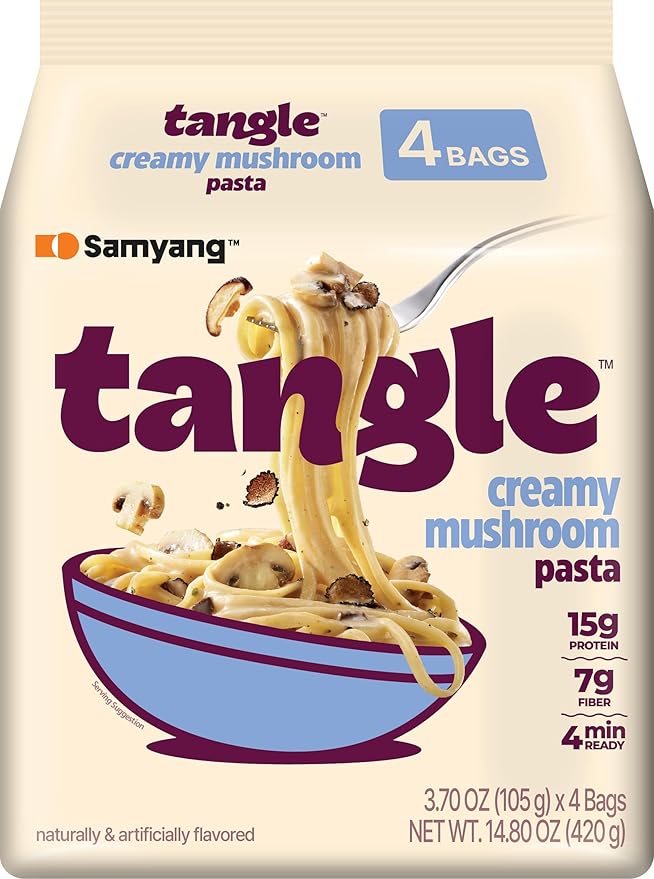Samyang Tangle Creamy Mushroom Linguine Truffle and Shiitake Flavor Savory Non-Spicy Sauce Air Dried Noodle Easy Cook Pasta 3.63 oz (Pack of 4)