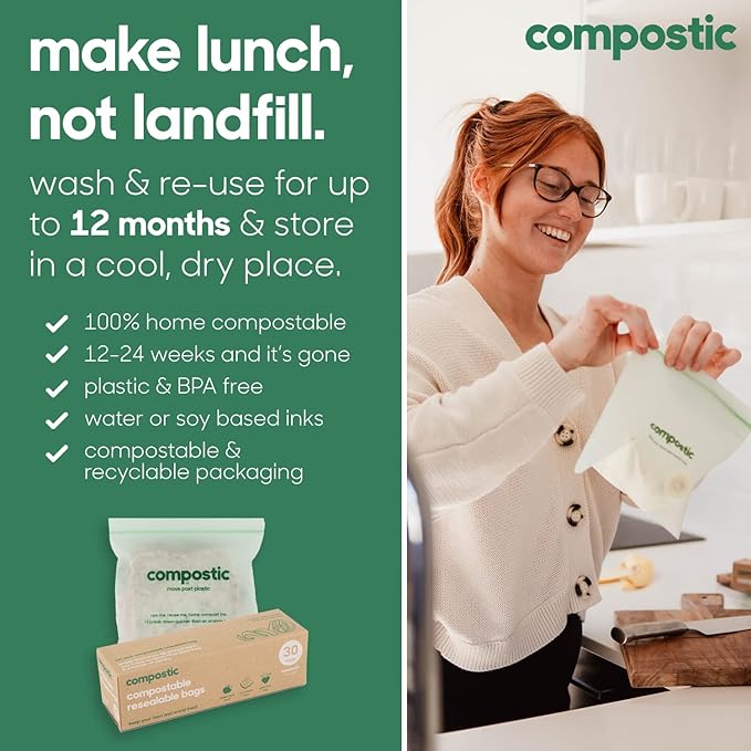 Compostic Compostable Sandwich Bags (60 Count) Starter Pack — Resealable Zip-Seal, Plant-Based, Home Compostable, Freezer & Microwave Safe, BPA-Free, Non-Toxic, GMO-Free Food Storage Bags