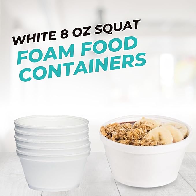 Case of 50 White 8 oz Squat Foam Food Containers – Insulated Disposable Side-Dish & Soup Cups for Restaurants, Catering, Meal Prep