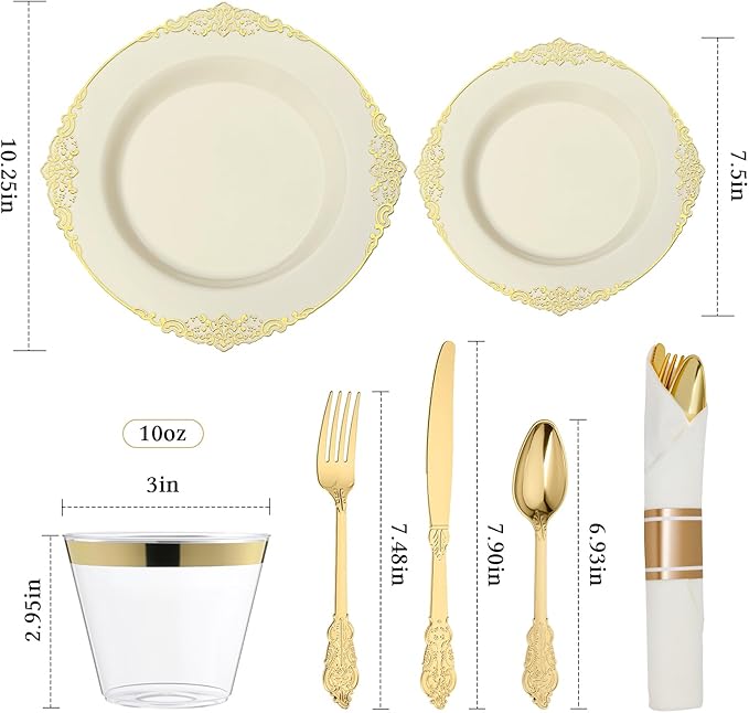 Bestluck 350PCS Ivory Plastic Plates for 50 Guests, Disposable Dinnerware Sets Include 100 Gold Rim Plastic Plates, 50 Silverwares, 50 Cups, and 50 Pre Rolled Napkins for Party, Wedding, Graduation
