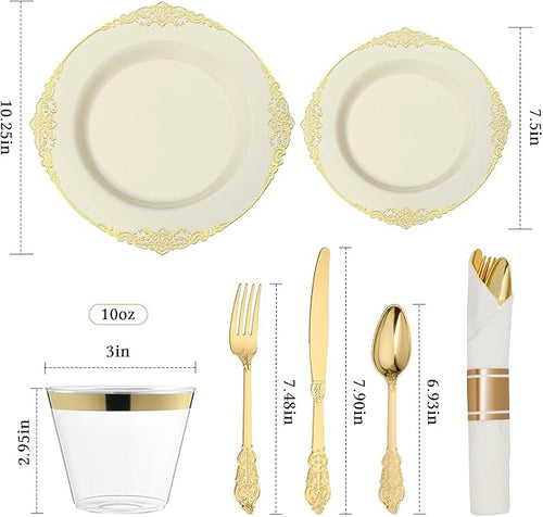 Bestluck 175PCS Ivory Plastic Plates for 25 Guests Disposable Dinnerware Sets Include 50 Plastic Plates, 25 Silverwares, 25 Cups, and 25 Pre Rolled Napkins for Party, Wedding and Graduation