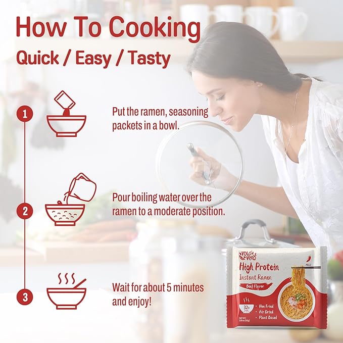 VOLO VERO Protein Ramen Instant Noodles Soup “Spicy” Beef Flavor, 32g High Plant-Based Protein, 8 Packs, Non-Fried, Vegan, Low Fat, Non-GMO, Egg & Dairy Free, Healthy Asian Meal