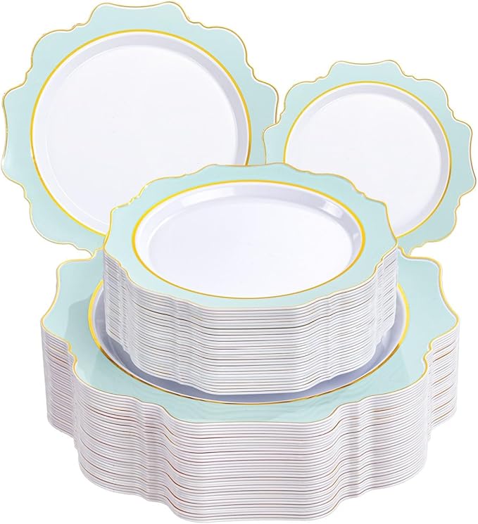 WDF 100PCS Mint Green Plastic Plates - Green Spring Plates Disposable - Heavy Duty Scalloped Plastic Plate for Parties/Wedding/Spring