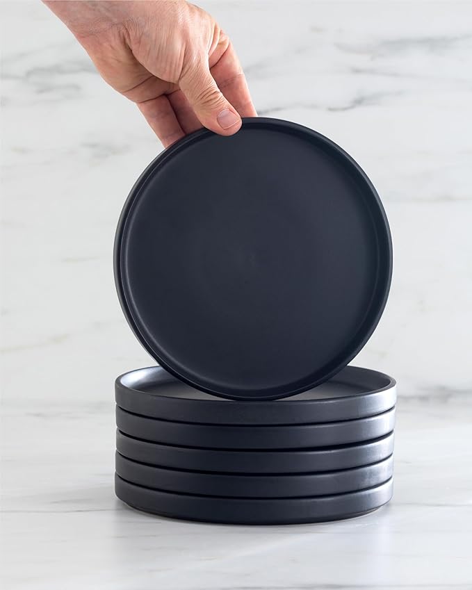 Stoneware Dinner Plates Set - Matte Black, 10.2" Lipped Edges, Dishwasher & Microwave Safe
