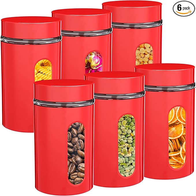 Patelai 6 Pack Kitchen Canisters Set 20 oz Airtight Stainless Steel Canister Food Storage Container with Window Glass, Coffee Sugar Candy Jars Tea Organizer for Flour Cookies Spice (Red,32 oz)