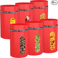 Patelai 6 Pack Kitchen Canisters Set 20 oz Airtight Stainless Steel Canister Food Storage Container with Window Glass, Coffee Sugar Candy Jars Tea Organizer for Flour Cookies Spice (Red,32 oz)
