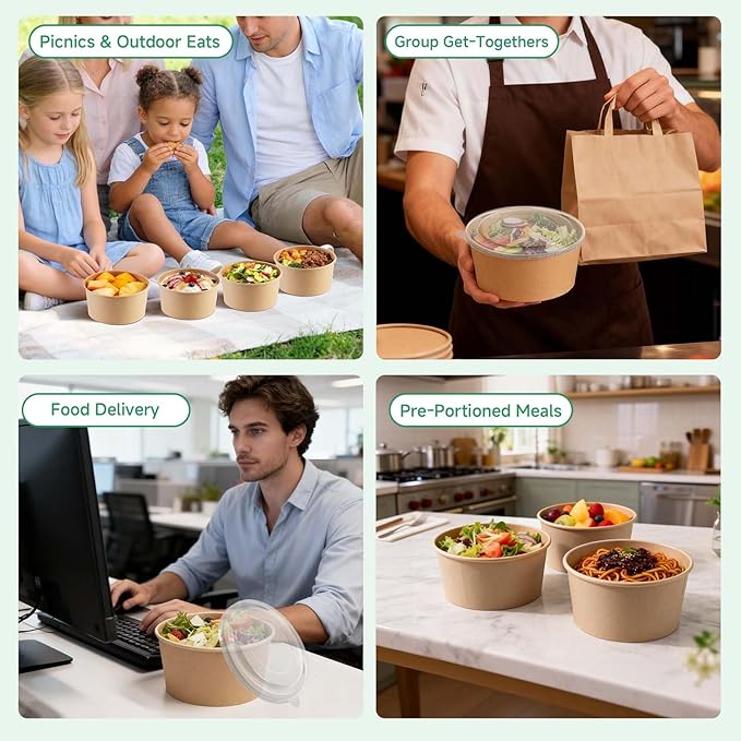 34 oz Disposable Kraft Paper Bowls with Lids and Sporks, 48 Sets Leak-Proof Meal Prep Containers for Hot & Cold Food, Soup, Salad, Snacks, Ice Cream, Desserts, Food Bowls