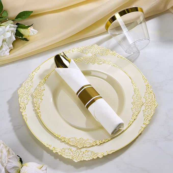 Bestluck 350PCS Ivory Plastic Plates for 50 Guests, Disposable Dinnerware Sets Include 100 Gold Rim Plastic Plates, 50 Silverwares, 50 Cups, and 50 Pre Rolled Napkins for Party, Wedding, Graduation