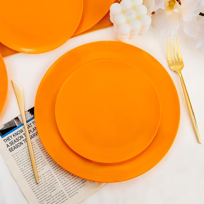 PULOTE 100PCS Orange Plastic Plates - Premium Hard Orange Disposable Include 50 Each(10.25 Inch Dinner & 7.5 Inch Dessert) Plates, Ideal for Party