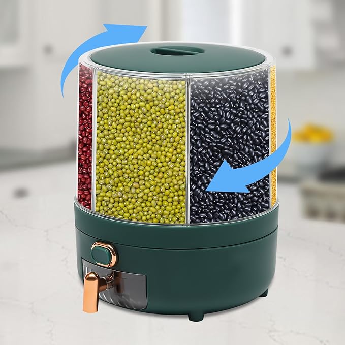 Modern 6-Compartment Rotating Grain Dispenser, 360 Rotating Food Dispenser, One-Click Output, Rice Storage Container (Green 1.4kg)