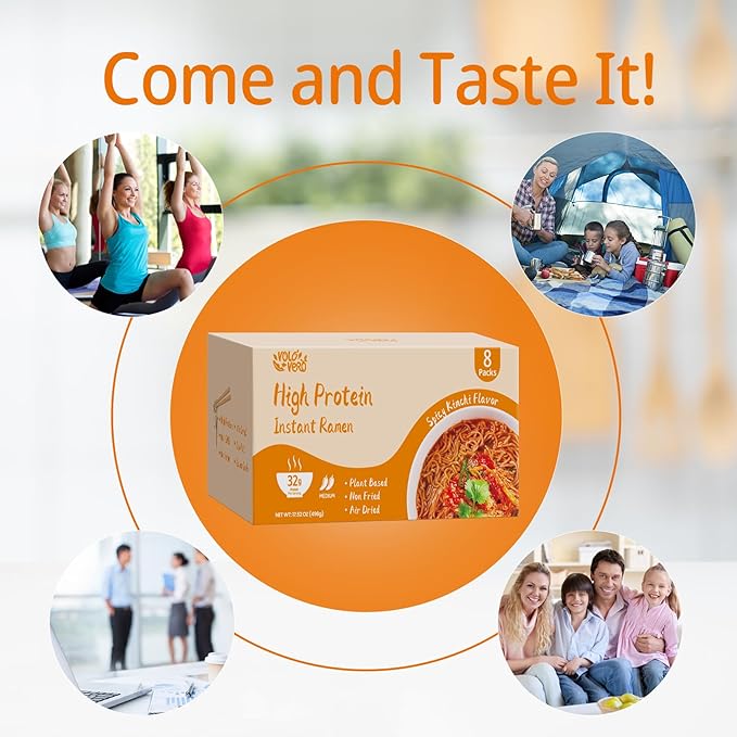 VOLO VERO High Protein (32g) Instant Ramen Noodles Soup, Spicy Kimchi Flavor, 8 Packs, Vegan, Plant-Based, Non-Fried, Low Fat, Egg-Free, Dairy-Free, Healthy Asian Meal