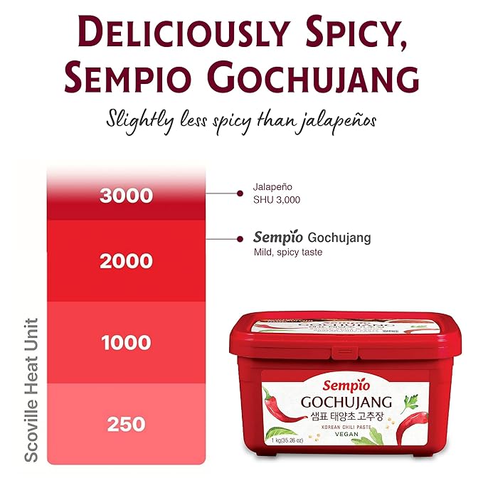Sempio Gochujang Vegan Korean Red Chili Pepper Paste - Mild Heat: Sweet Spicy Savory Paste, Traditional Fermented Condiment for Cooking, Marinades, Dips, Halal Certified (2.2lbs/1kg)