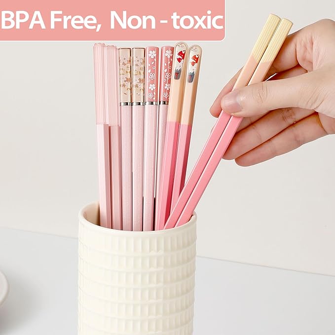 Chopsticks Reusable Dishwasher Safe, 9.57 inches Pink Non-slip Lightweight Fiberglass Chop Sticks, Asian Cuisine Japanese Chinese Chopstick Gift Set, 5 Pairs