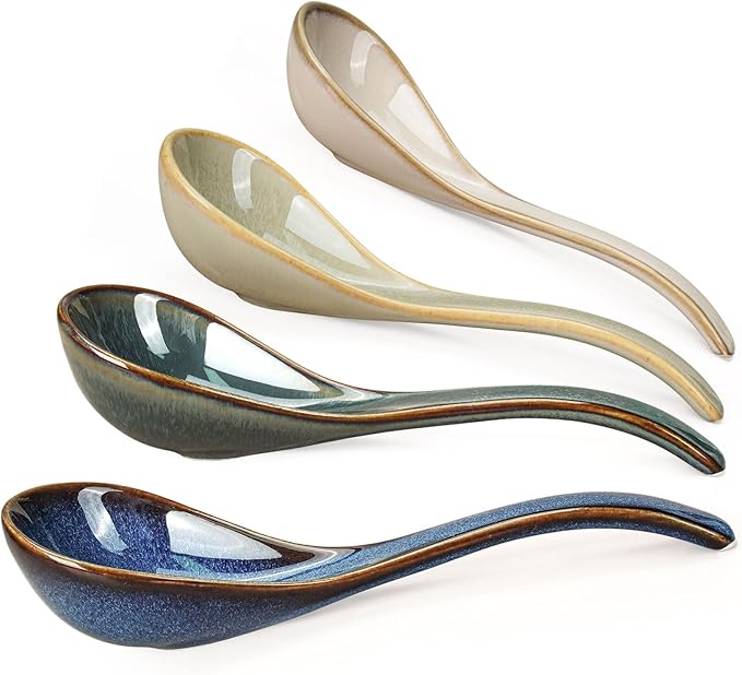 Artena Chinese Soup Spoons, Ceramic Asian Spoons with Deep Arc Anti-Roll Design, 6.85 Inch Set of 4, Perfect for Ramen, Pho, Wonton Soup as Japanese Soup Spoon, Korean Spoon (Earth Tones)