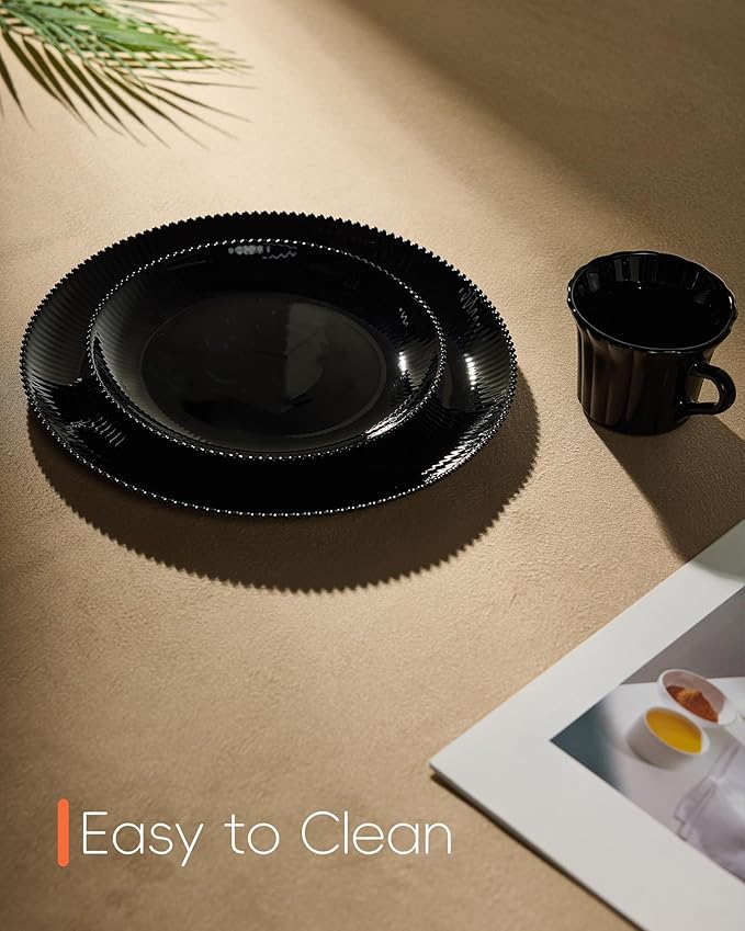 LaGlint 7.5 inch Ribbed Salad Appetizer Plate Set of 6, Opal Glass Round Small Black Plates for Dessert, Kitchen, Dishwasher and Microwave Safe