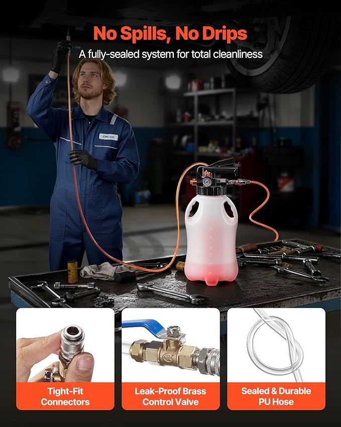 VEVOR Transmission Fluid Pump, 8 L Pneumatic Oil Fluid Extractor, ATF Refill Dispenser Transfer Pump with 15 ATF Adapters, Oil Extractor Dispenser with HDPE Tank for Cars, Boats, Lawn Mowers