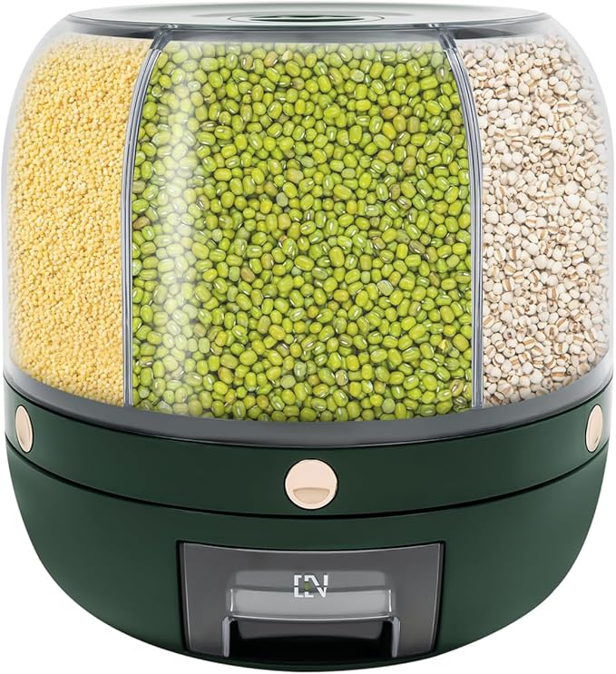 Grain Storage Container Dispenser, 6 Grids rice dispenser rotating, 360° rotating food dispenser One-Click Output rice Storage Round Grain Dispenser Kitchen (Light Green 1.2kg)