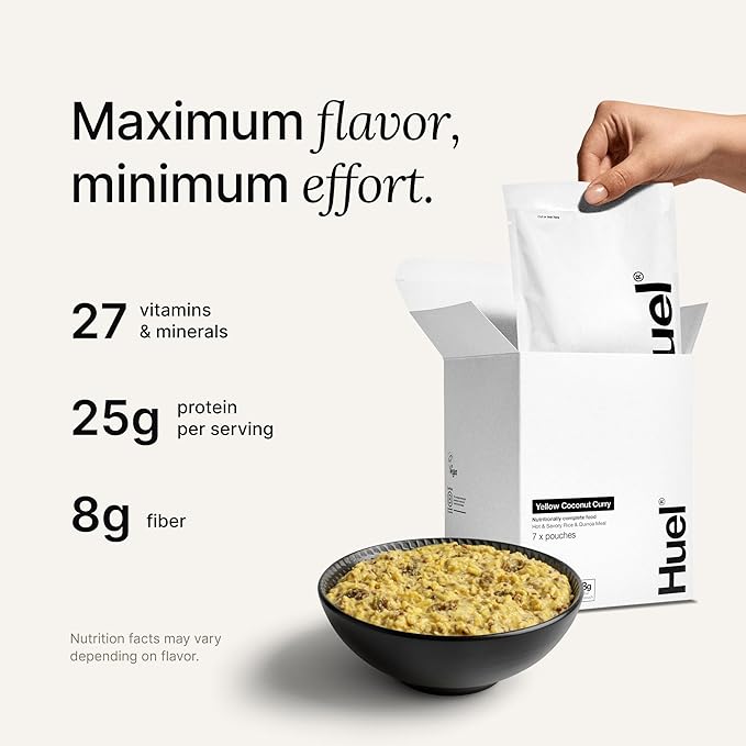 Huel Hot and Savory Meal Packs | Yellow Coconut Curry | Up to 25g Protein Plant Based Instant Meal | 27 Vitamins and Minerals | 100% Nutritionally Complete | 7 Pack