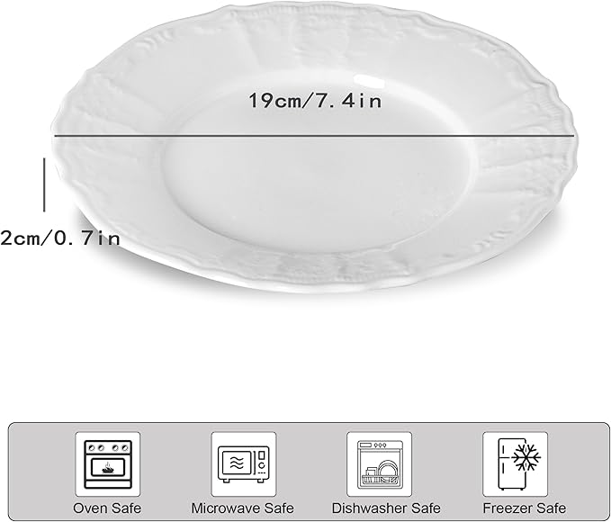 Neaylfe 8 Piece Embossed Ceramic Appetizer & Dessert Plates, 7.5 Inch White Round Salad Plate, Porcelain Dinner Dishes for Dessert, Cake, Snack, Waffles, Dishwasher & Microwave Safe