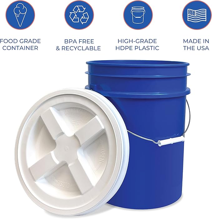 ePackageSupply 5 Gallon Bucket - Food Grade Bucket with Airtight Gamma Seal Screw-On Lid, BPA-Free, Heavy-Duty 90 Mil HDPE Plastic, Bulk Storage, Durable Container, Made in USA, Blue/White, 6 Packs