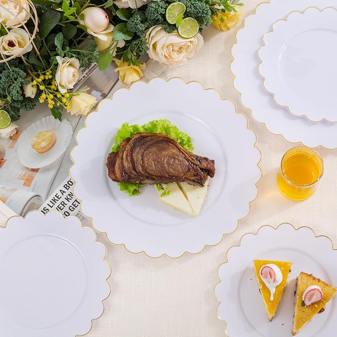 LIYH 120 Pcs White Plastic Scalloped Plates - Gold Fancy Disposable Plastic Plates Includes 60 Dinner 10.25" & 60 Dessert Plate 7.5" Elegant Gold Rim for Party Birthday Day