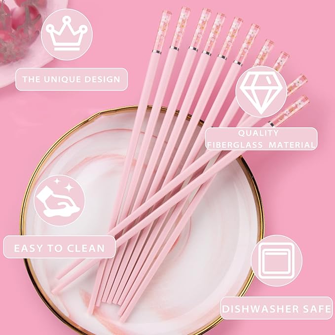 5 Pairs Fiberglass Chopsticks, Reusable Premium Japanese Chinese Korean Chopsticks Dishwasher Safe, Non-slip, Lightweight, 9.6 inches, Pink-Clear Sakura