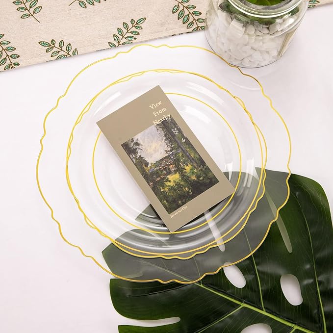 WDF 100pcs Clear Disposable Plastic Plates With Gold Trim - Baroque Clear Gold including 50PCS Dinner Plates 10.25inch and 50PCS Salad Plates 7.5inch for Wedding Baby Shower Spring Birthday